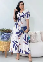 Chic V Neck Short Sleeve Slim High Waist Button Long Dress