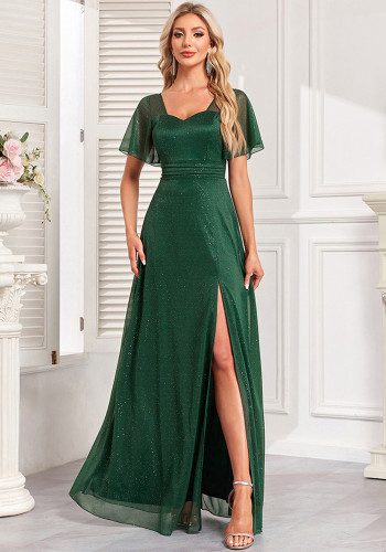 Women's Elegant Short Sleeve Square Neck Shiny Tulle Slit Evening Dress