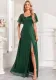 Women's Elegant Short Sleeve Square Neck Shiny Tulle Slit Evening Dress