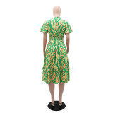 Women Ruffle V Neck Short Sleeve Slim Waist Chic Midi Dress
