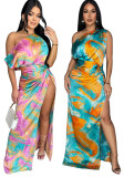 Fashion Women's Sexy Tie-Dye Printed Slash Shoulder High Slit Long Dress