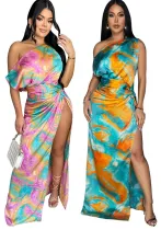 Fashion Women's Sexy Tie-Dye Printed Slash Shoulder High Slit Long Dress