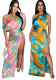 Fashion Women's Sexy Tie-Dye Printed Slash Shoulder High Slit Long Dress