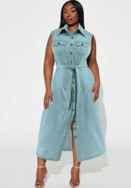 Plus Size Women's Turndown Collar Sleeveless Button Belt Denim Long Dress