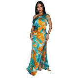 Fashion Women's Sexy Tie-Dye Printed Slash Shoulder High Slit Long Dress