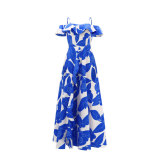 Women Printed Off Shoulder Strap High Slit Long Dress