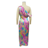 Fashion Women's Sexy Tie-Dye Printed Slash Shoulder High Slit Long Dress