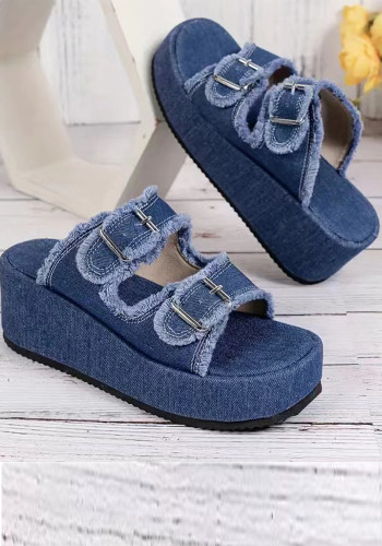 Plus Size Denim Belt Buckle One-Step Sandals Women's Summer Outdoor Wear Thick-Soled Slippers