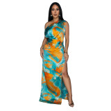 Fashion Women's Sexy Tie-Dye Printed Slash Shoulder High Slit Long Dress