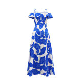 Women Printed Off Shoulder Strap High Slit Long Dress