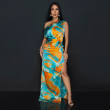 Fashion Women's Sexy Tie-Dye Printed Slash Shoulder High Slit Long Dress