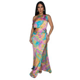 Fashion Women's Sexy Tie-Dye Printed Slash Shoulder High Slit Long Dress