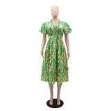 Women Ruffle V Neck Short Sleeve Slim Waist Chic Midi Dress