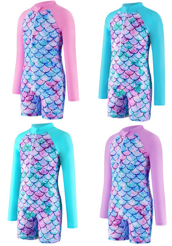 Girls' Printed Long Sleeve One-Piece Swimsuit Sun Protection Surfing Suit