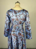Women Spring Round Neck Long Sleeve Maxi Pleated Dress