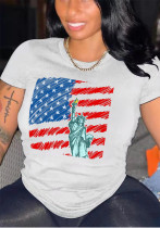 Summer Women American Print Black Women Short Sleeve Basic Shirt