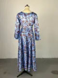 Women Spring Round Neck Long Sleeve Maxi Pleated Dress