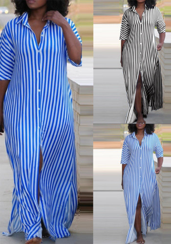 Women Summer Loose V-Neck Long Striped Shirt Dress