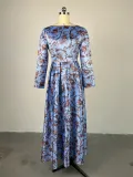 Women Spring Round Neck Long Sleeve Maxi Pleated Dress