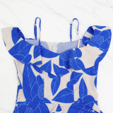 Women Printed Off Shoulder Strap High Slit Long Dress