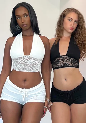 Women Summer Sexy Halter Neck Lace Crop Short Top Ultra Short Pants Two-piece Set