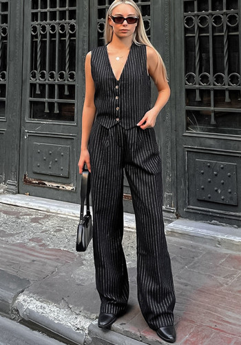 Summer Black And White Striped Chic Career Sleeveless Vest Pants Fashion Two-Piece Set