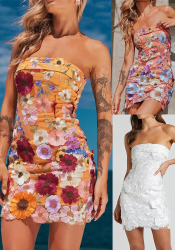 Sexy Floral Embroidery Strapless Slim Bodycon Dress