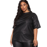 Plus Size Women Fall Loose Pu Leather Casual Top and Pant Two-piece Set