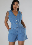 Women Summer Casual Denim Sleeveless Top and Shorts Two-piece Set