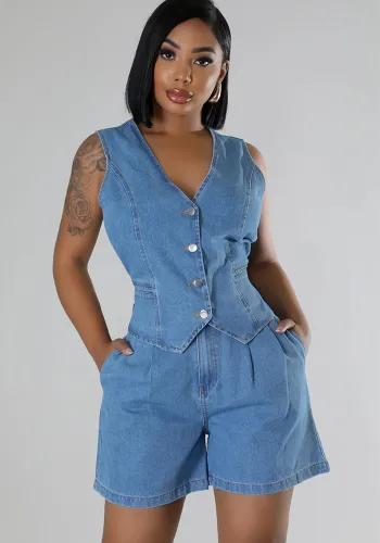 Women Summer Casual Denim Sleeveless Top and Shorts Two-piece Set