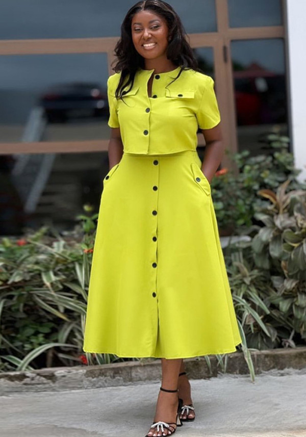 Women Summer Chic Round Neck Short Sleeve Top and Button Skirt Two-piece Set
