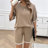 Women Round Neck Chic Casual Sweater Top and Shorts Two-piece Set