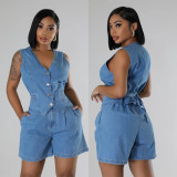 Women Summer Casual Denim Sleeveless Top and Shorts Two-piece Set