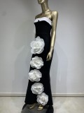Women Strapless Black and White Patchwork Large Flower Party Bandage Dress