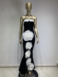Women Strapless Black and White Patchwork Large Flower Party Bandage Dress