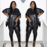 Plus Size Women Fall Loose Pu Leather Casual Top and Pant Two-piece Set