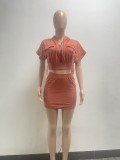 Women Fashion Short Sleeve Patchwork Pocket Top and Skrit Two-piece Set