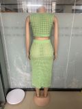 Women tassel fishnet knitting Casual Top and Skirt two-piece set