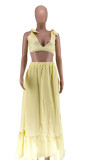 Women's Solid Color V-Neck Lace-Up Tank Top+Slit Long Skirt Two Piece Set