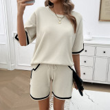 Women Round Neck Chic Casual Sweater Top and Shorts Two-piece Set