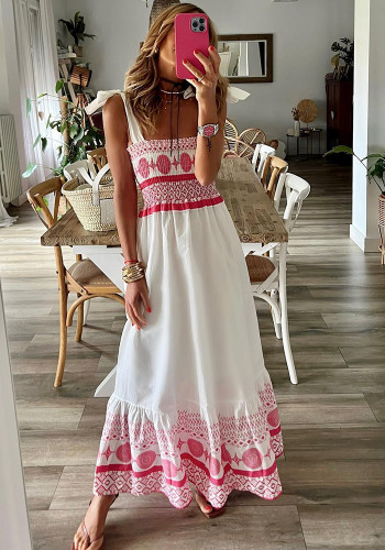 Women Summer Lace-up Print Bohemian Maxi Dress