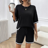 Women Round Neck Chic Casual Sweater Top and Shorts Two-piece Set