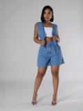 Women Summer Casual Denim Sleeveless Top and Shorts Two-piece Set