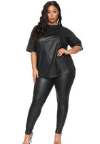 Plus Size Women Fall Loose Pu Leather Casual Top and Pant Two-piece Set
