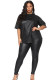 Plus Size Women Fall Loose Pu Leather Casual Top and Pant Two-piece Set