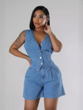 Women Summer Casual Denim Sleeveless Top and Shorts Two-piece Set