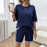 Women Round Neck Chic Casual Sweater Top and Shorts Two-piece Set