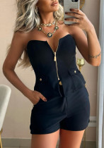Women Strapless Zipper Top and Shorts Two-piece Set