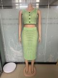 Women tassel fishnet knitting Casual Top and Skirt two-piece set