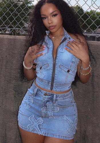 Women Stretch Embroidered Denim Vest And Mini Skirt Two-piece Set